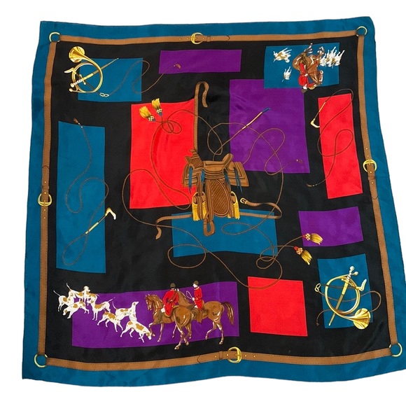 💗 Vintage Equestrian Motif Silk Satin by Careta 1980s - Picture 2 of 5